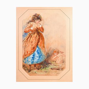 Dame avec Cupidon, 1865, Aquarelle sur Papier