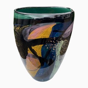 Large Blue, Grey and Black Decorative Vase with Gold Leaf by Ioan Nemtoi