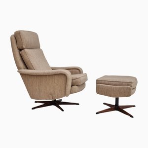 Set of Danish Wool Swivel Armchair With Footstool, 1970s