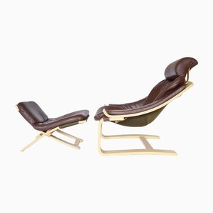 Swedish Kroken Lounge Chair & Ottoman in Brown Leather by Ake Fribytter for Nelo Mobel, 1970s, Set of 2