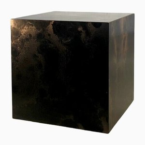 Wooden Cube Side Table With Oxidized Plating, France, 1970s / 80s