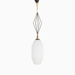Geometric Pendant Lamp with White Lattimo Murano Glass by Angelo Lelli for Arredoluce, 1950s