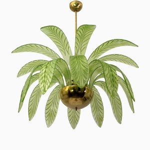 Modern Chandelier with Palm Leaves in Murano Glass and Brass, 1970s