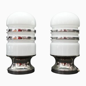 Lampade da tavolo Space Age in metallo cromato e vetro lattimo, anni '60, set di 2