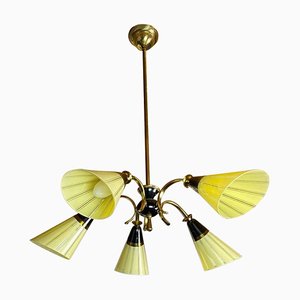 Vintage Brass Chandelier With Glass Shades from W. Germany