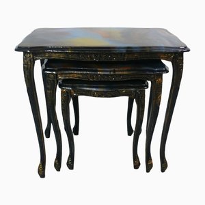 Tavolini a incastro fatti a mano in stile Chippendale in resina epossidica nera, anni '40, set di 3