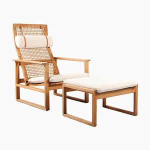 Danish 2254 Sled Lounge Chair with Ottoman in Cane and Oak by Børge Mogensen, 1956
