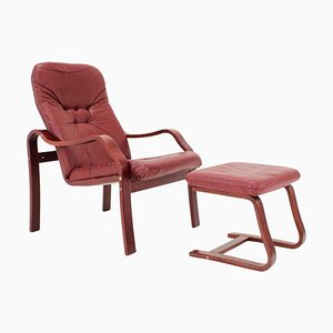 Sillón checoslovaco de cuero con reposapiés de Ton, 1980. Juego de 2