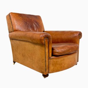 Antique Lounge Chair in Sheep Leather with Deep Seat