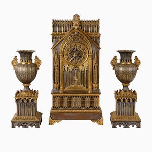 Triptych Neogothic Clock & Candleholders, Set of 3
