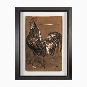 Brown & Black Rooster, 20th-Century, Pencil on Paper, Framed