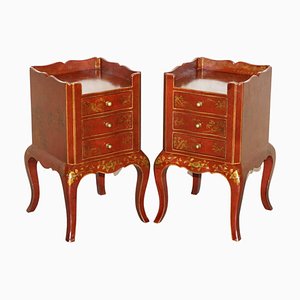 Chinese Chinoiserie Red Lacquer Three Drawer Bedside Tables, Set of 2