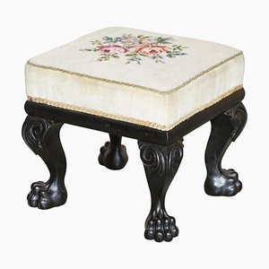 Antique Late 19th Century Victorian Ebonised Footstool With Lions Paw Feet