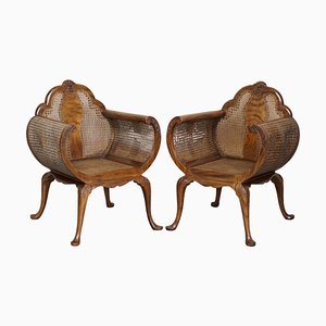 Art Deco Walnut & Hardwood Bergere Occasional Armchairs, Set of 2
