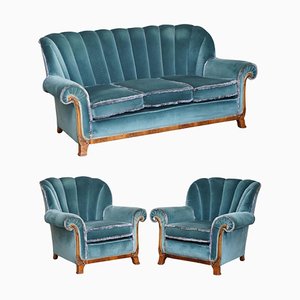 Art Deco Burr Walnut Sofa & Armchairs in Blue Velour Fabric, Set of 3