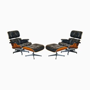 Hardwood No1 Lounge Chairs & Ottomans by Eames for Herman Miller, 1960, Set of 4