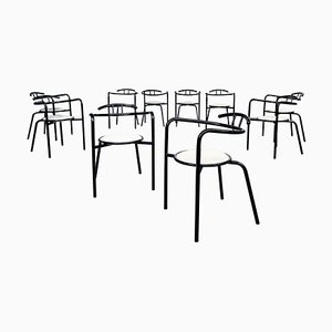 Mid-Century Italian Modern White Leather and Black Metal Round Chairs, 1980s, Set of 10