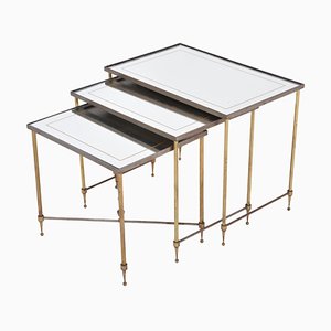 Hollywood Regency Brass and Glass Nesting Tables in the Style of Maison Jansen, Set of 3