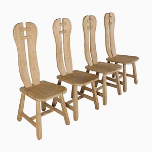 Brutalist Solid Oak Chairs from De Puyt, Belgium, 1970s, Set of 4