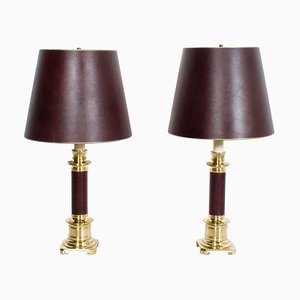 Large Leather and Brass Table Lamps from Maison Jansen, France, 1970s, Set of 2