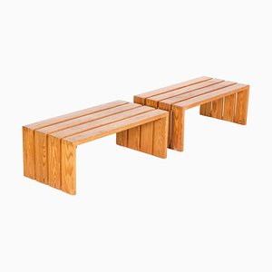 French Pine Wood Benches, 1960s, Set of 2
