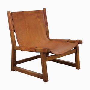 Hunting Chair aus massiver Eiche und cognacfarbenem Leder von Paco Muñoz, 1950er