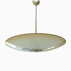 Mid-Century Pendant Light in Pinstriped Glass and Brass, 1950s