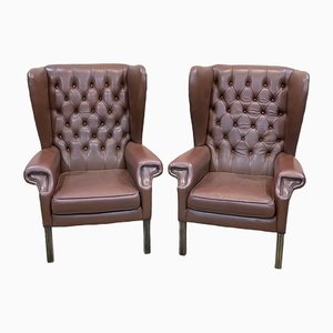 Chesterfield Armchairs in Brown Leather, 1970s, Set of 2