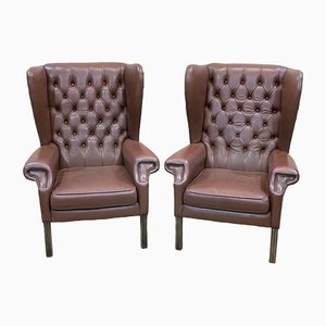 Poltrone Chesterfield in pelle marrone, anni '70, set di 2