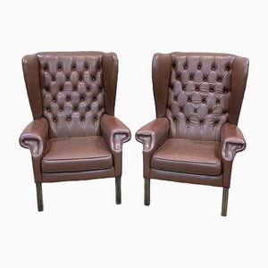 Set of Chesterfield Armchairs in Brown Leather, 1970s