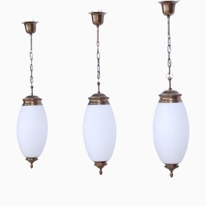 Pendants in Brass and Opal Glass, 1950s, Set of 3