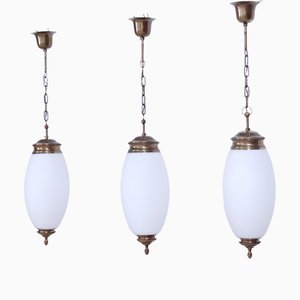 Suspensions en Laiton et Verre Opalin, 1950s, Set de 3