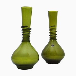 Green Decanter or Vase with Attached Glass Wire by Jacob E. Bang for Holmegaard, Denmark, Set of 2