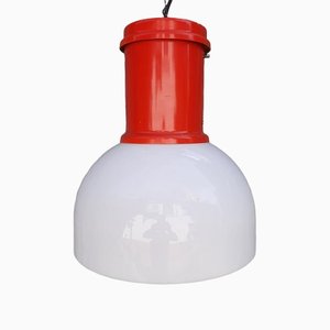 Industrial Acrylic Glass and Red Lacquered Metal Ceiling Lamp in the Style of Fontana Arte, Italy, 1970s