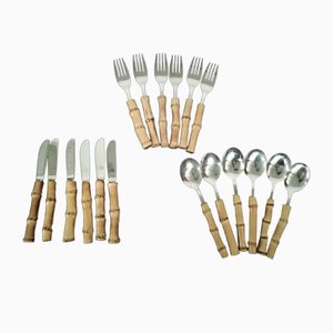 6-Person Cutlery Service in Steel and Bamboo, 1970s, Set of 18