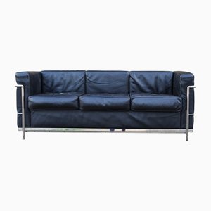 Lc2 Black Leather 3-Seater Sofa with Tubular Chrome Shaped Frame by Le Corbusier