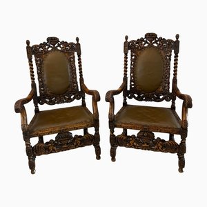 Large Antique Victorian Lounge Chairs in Carved Walnut and Leather, Set of 2