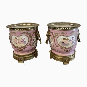 Antique Victorian Continental Porcelain and Ormolu Mounted Jardinières, Set of 2