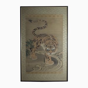 Grand Tableau Tigre Kano Isenin Naganobu, Début du 19ème Siècle, Soie, Encadré