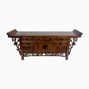 Antique Chinese Elmwood Altar Coffer with Foliage-Carved Spandrels