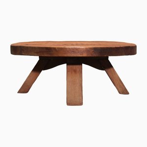 Round Brutalist Solid Oak Coffee Table, 1960s