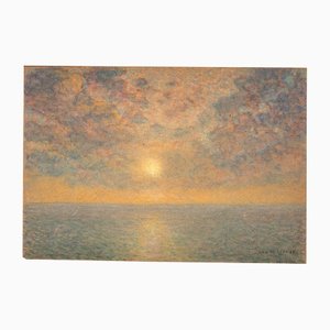 Jan De Clerck, Sunset Over the Sea, 20th-Century, Oil on Unalit