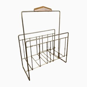 Vintage Magazine Rack in Brass and Wood, 1960s