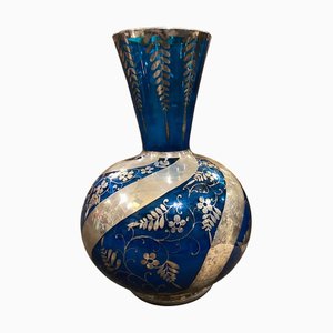 Vase Art Déco en Argent et Verre Bleu, Italie, 1940s