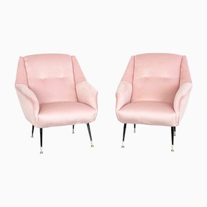 Fauteuils Mid-Century en Velours Rose avec Embouts en Laiton, Italie, 1950s, Set de 2