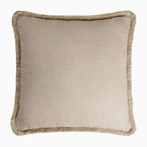 Beige with Beige Fringes Happy Linen Pillow by LO DECOR for Lorenza Briola
