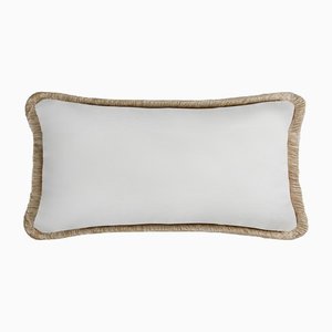 White with Beige Fringes Happy Linen Pillow by LO DECOR for Lorenza Briola