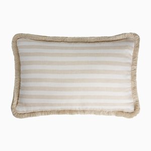 White Beige with Beige Fringes Happy Linen Striped by LO DECOR for Lorenza Briola
