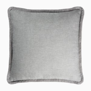 Cojín Happy de lino gris con flecos de Lo Design para Lorenza Briola