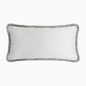 White with Grey Fringes Happy Linen Pillow by LO DECOR for Lorenza Briola